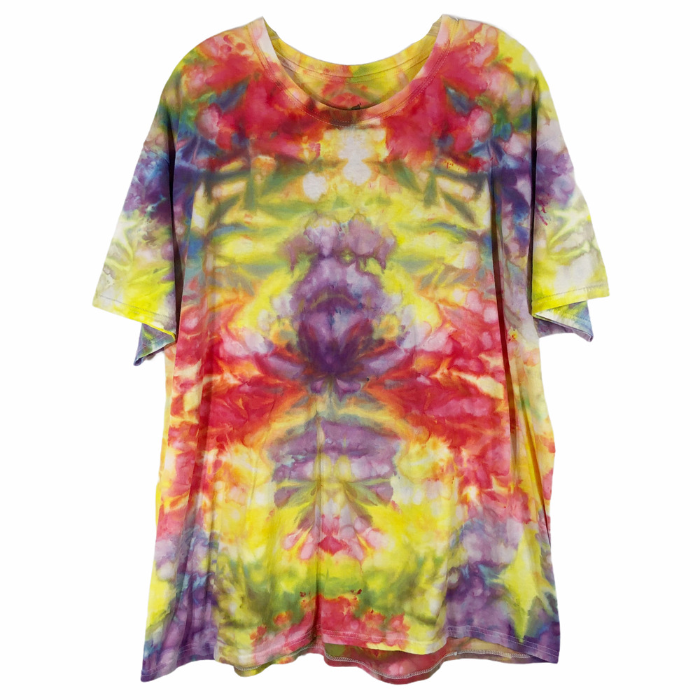 Hanes Plus Sz 2XL‎ Tee Shirt Top Tie Dye Lilly Pads Yellow Green Purple Pink 788